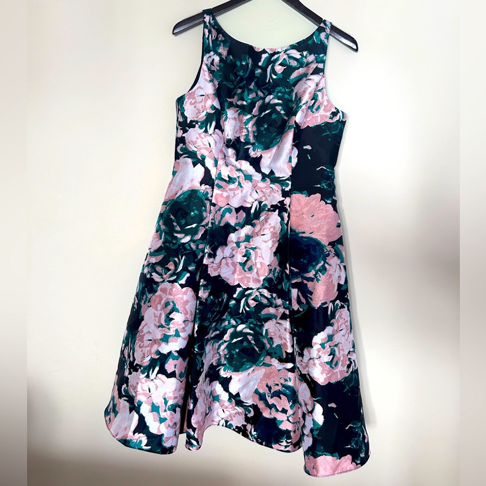 Adrianna Papell Tea Length Jacquard Dress Pink Green Multi Floral Print 12